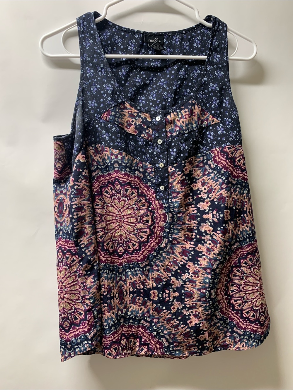 Rue21 Navy Floral Medallion Button-Front Tank